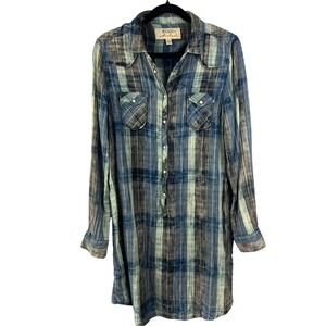 Ryan Michael Cotton Indigo Blue Plaid Roll Tab Shirt Dress Size L Western Rodeo